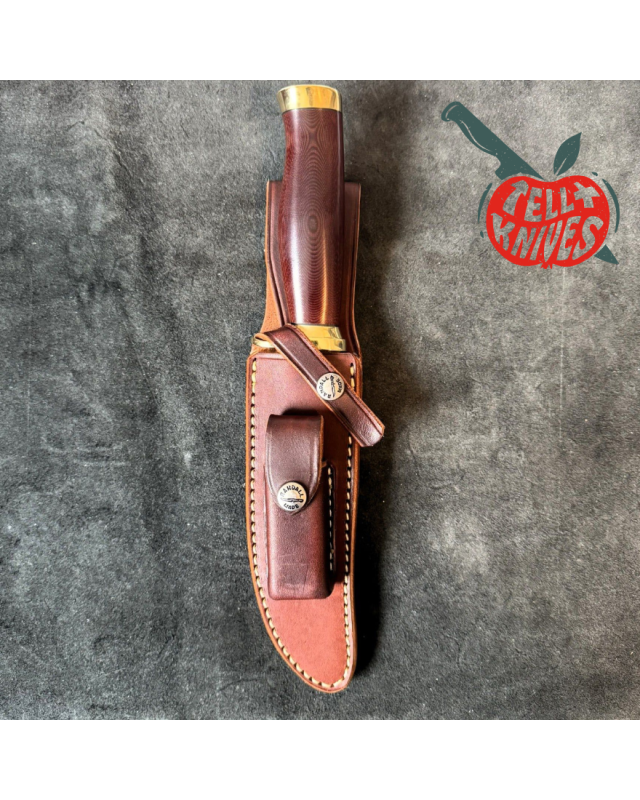 Randall Made Knives Model 12 - 6 Little Bear forged carbon steel commando shape maroon micarta handle brass guard and br