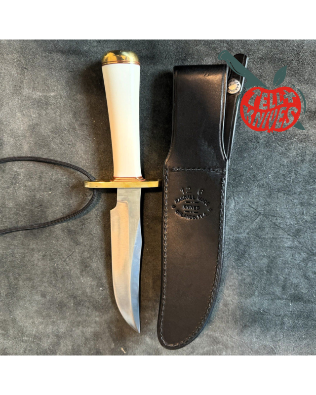 Randall Made Knives Model 12 - 6 Little Bear forged carbon steel concave shape Ivorite micarta handle brass guard and bu