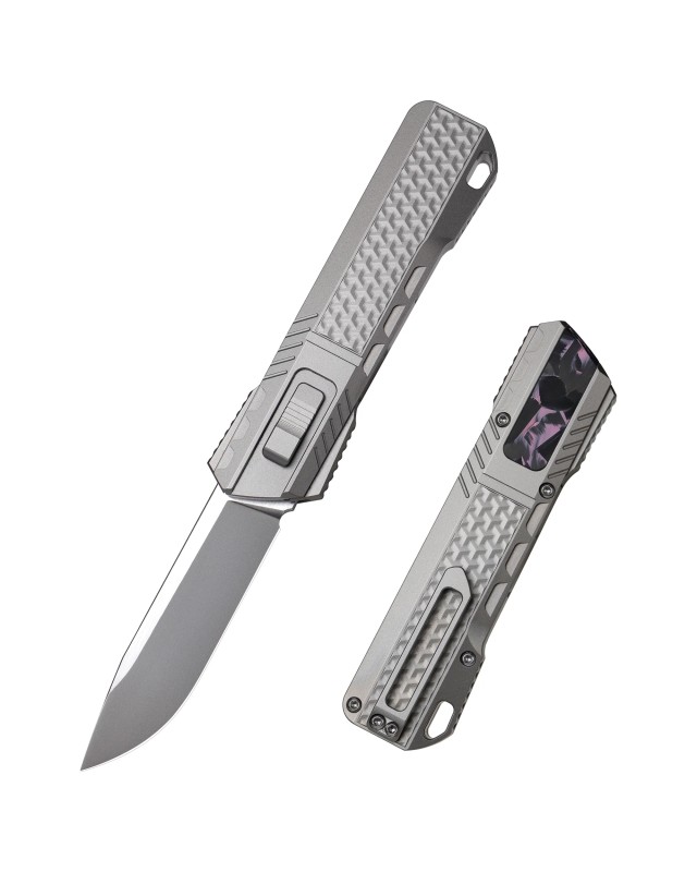 Remette Leopard Knife M390 premium steel light gray titanium handle Purple Carbon Fiber inlay gravity knife (OTF Manual