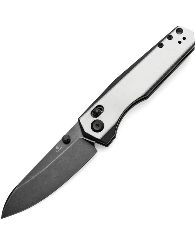 Tenable Beaver Folding Knife Black and White G10 Handle blackwashed Nitro-V steel Blade crossbar lock