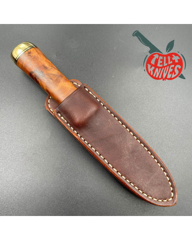 Randall Made Knives Model Gambler 4 forged stainless steel thuya wood handle brass guard and pommel brown leather sheath Randall Made Knives Model Gambler 4 forged stainless steel thuya wood handle brass guard and pommel brown leather sheath