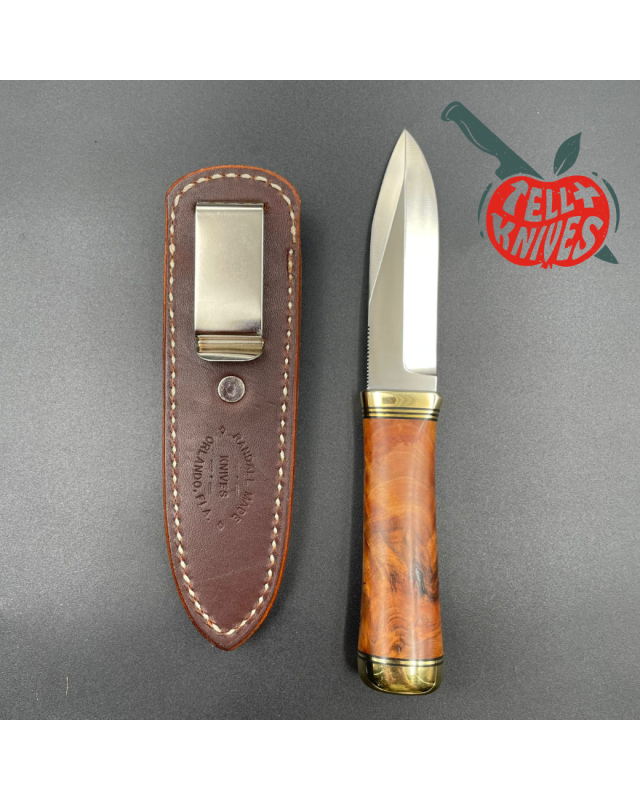 Randall Made Knives Model Gambler 4 forged stainless steel thuya wood handle brass guard and pommel brown leather sheath Randall Made Knives Model Gambler 4 forged stainless steel thuya wood handle brass guard and pommel brown leather sheath