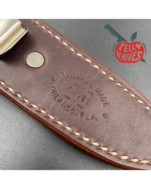 Randall Made Knives Model Gambler 4 forged stainless steel thuya wood handle brass guard and pommel brown leather sheath Randall Made Knives Model Gambler 4 forged stainless steel thuya wood handle brass guard and pommel brown leather sheath