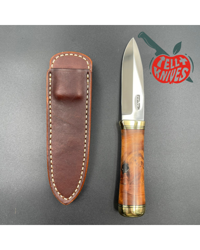 Randall Made Knives Model Gambler 4 forged stainless steel thuya wood handle brass guard and pommel brown leather sheath Randall Made Knives Model Gambler 4 forged stainless steel thuya wood handle brass guard and pommel brown leather sheath