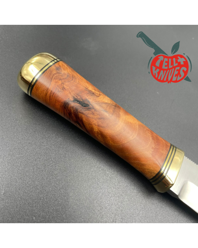 Randall Made Knives Model Gambler 4 forged stainless steel thuya wood handle brass guard and pommel brown leather sheath Randall Made Knives Model Gambler 4 forged stainless steel thuya wood handle brass guard and pommel brown leather sheath