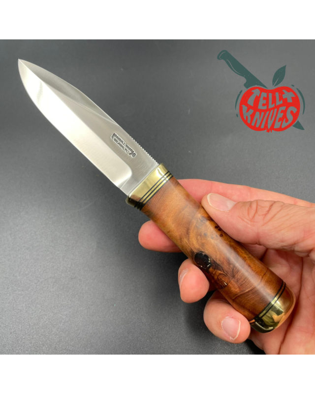 Randall Made Knives Model Gambler 4 forged stainless steel thuya wood handle brass guard and pommel brown leather sheath Randall Made Knives Model Gambler 4 forged stainless steel thuya wood handle brass guard and pommel brown leather sheath