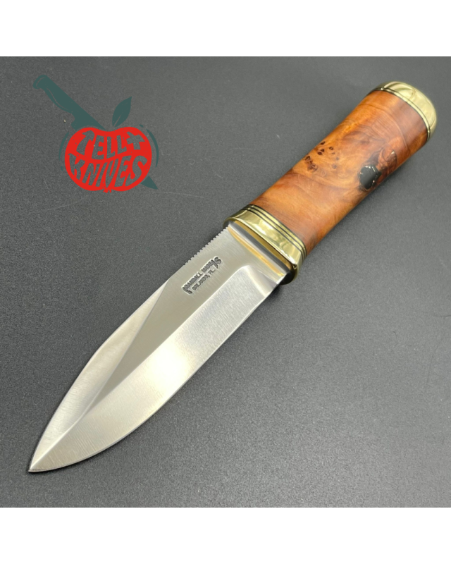 Randall Made Knives Model Gambler 4 forged stainless steel thuya wood handle brass guard and pommel brown leather sheath Randall Made Knives Model Gambler 4 forged stainless steel thuya wood handle brass guard and pommel brown leather sheath