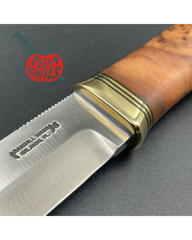 Randall Made Knives Model Gambler 4 forged stainless steel thuya wood handle brass guard and pommel brown leather sheath Randall Made Knives Model Gambler 4 forged stainless steel thuya wood handle brass guard and pommel brown leather sheath