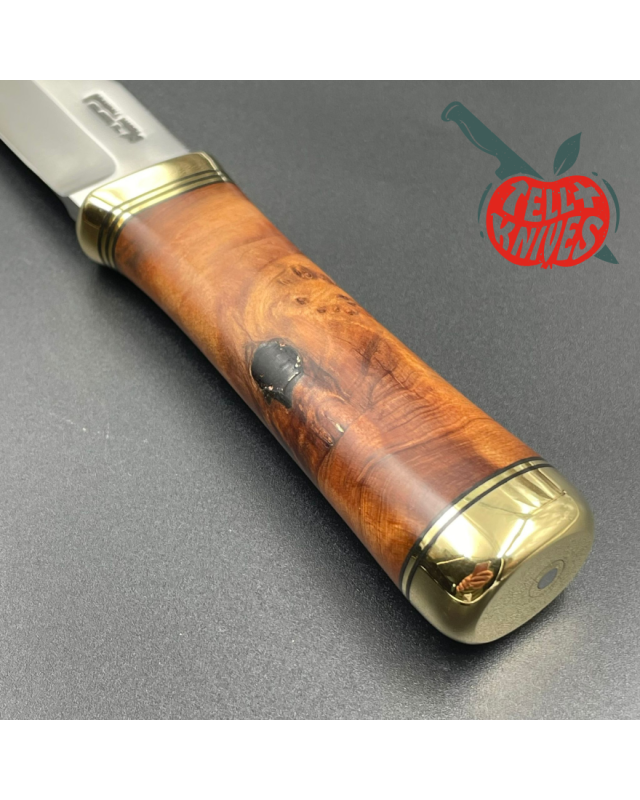 Randall Made Knives Model Gambler 4 forged stainless steel thuya wood handle brass guard and pommel brown leather sheath Randall Made Knives Model Gambler 4 forged stainless steel thuya wood handle brass guard and pommel brown leather sheath