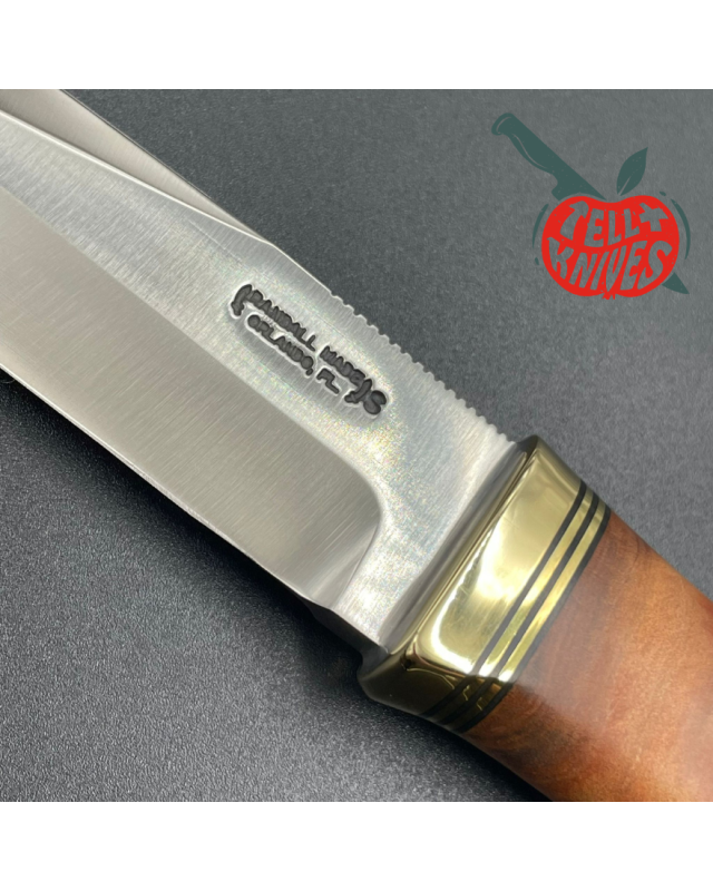 Randall Made Knives Model Gambler 4 forged stainless steel thuya wood handle brass guard and pommel brown leather sheath Randall Made Knives Model Gambler 4 forged stainless steel thuya wood handle brass guard and pommel brown leather sheath