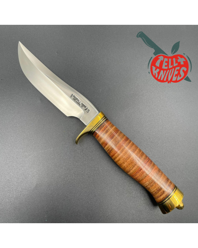Randall Made Knives Model 3 - 5 forged stainless steel commando shape stacked leather handle brass guard and brown leath