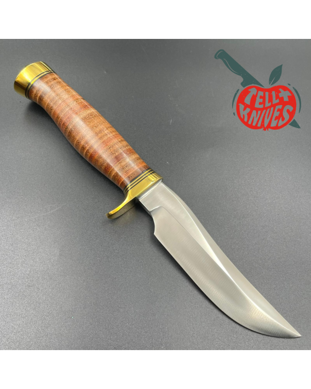 Randall Made Knives Model 3 - 5 forged stainless steel commando shape stacked leather handle brass guard and brown leath
