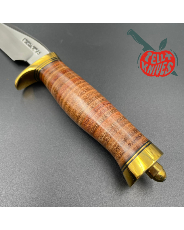 Randall Made Knives Model 3 - 5 forged stainless steel commando shape stacked leather handle brass guard and brown leath