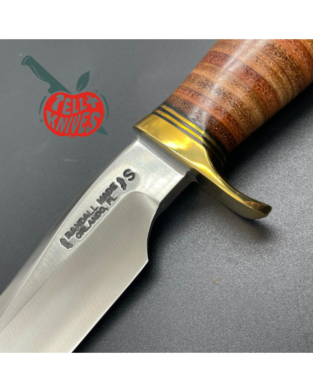 Randall Made Knives Model 3 - 5 forged stainless steel commando shape stacked leather handle brass guard and brown leath