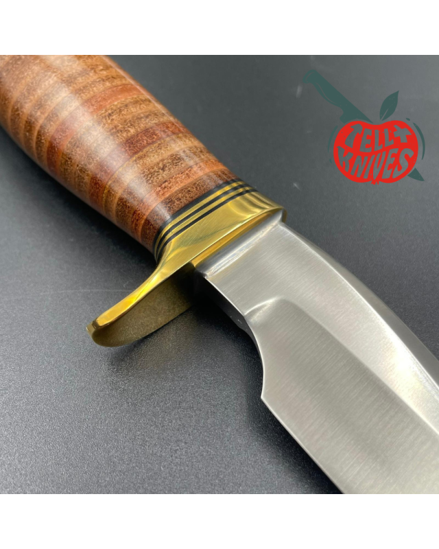 Randall Made Knives Model 3 - 5 forged stainless steel commando shape stacked leather handle brass guard and brown leath