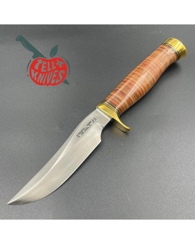 Randall Made Knives Model 3 - 5 forged stainless steel commando shape stacked leather handle brass guard and brown leath