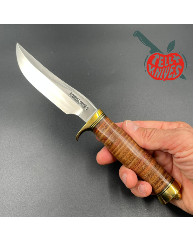 Randall Made Knives Model 3 - 5 forged stainless steel commando shape stacked leather handle brass guard and brown leath