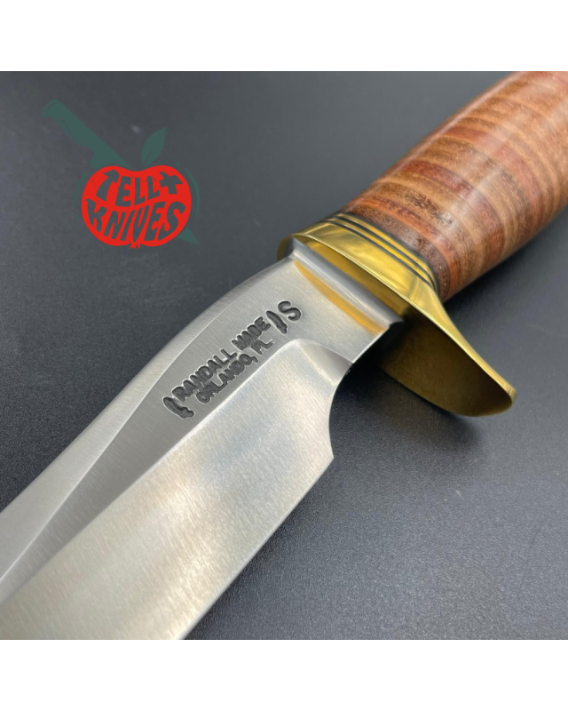 Randall Made Knives Model 3 - 5 forged stainless steel commando shape stacked leather handle brass guard and brown leath
