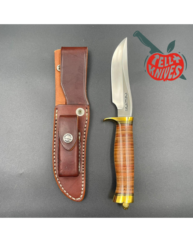 Randall Made Knives Model 3 - 5 forged stainless steel commando shape stacked leather handle brass guard and brown leath
