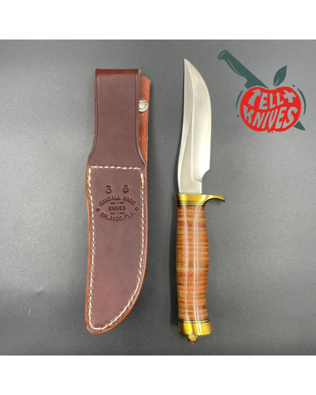 Randall Made Knives Model 3 - 5 forged stainless steel commando shape stacked leather handle brass guard and brown leath
