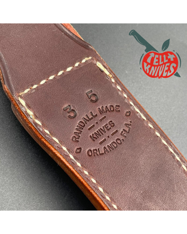 Randall Made Knives Model 3 - 5 forged stainless steel commando shape stacked leather handle brass guard and brown leath