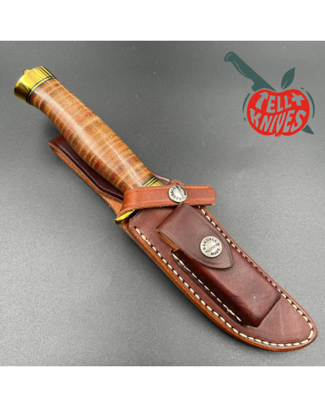 Randall Made Knives Model 3 - 5 forged stainless steel commando shape stacked leather handle brass guard and brown leath