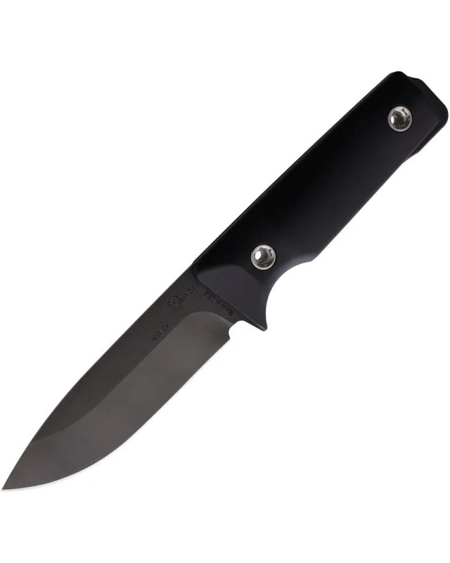 1881 Knife Works The SAN Fixed Blade Full Tang black coated 1095HC carbon steel black G10 handle Brown leather sheath