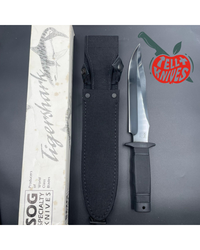 SOG Tigershark Midnite S.M. CA. SK5 carbon steel gun blued satin finish 1986-1989 SEKI Japan SOG Tigershark Midnite S.M. CA. SK5 carbon steel gun blued satin finish 1986-1989 SEKI Japan