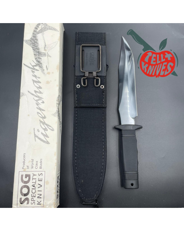 SOG Tigershark Midnite S.M. CA. SK5 carbon steel gun blued satin finish 1986-1989 SEKI Japan SOG Tigershark Midnite S.M. CA. SK5 carbon steel gun blued satin finish 1986-1989 SEKI Japan