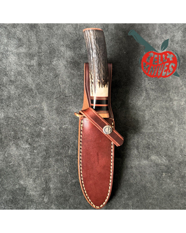 Randall Made Knives Model Copper Companion forged stainless steel blade stag handle copper butt plate brown leather shea Randall Made Knives Model Copper Companion forged stainless steel blade stag handle copper butt plate brown leather shea