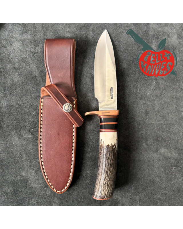 Randall Made Knives Model Copper Companion forged stainless steel blade stag handle copper butt plate brown leather shea Randall Made Knives Model Copper Companion forged stainless steel blade stag handle copper butt plate brown leather shea