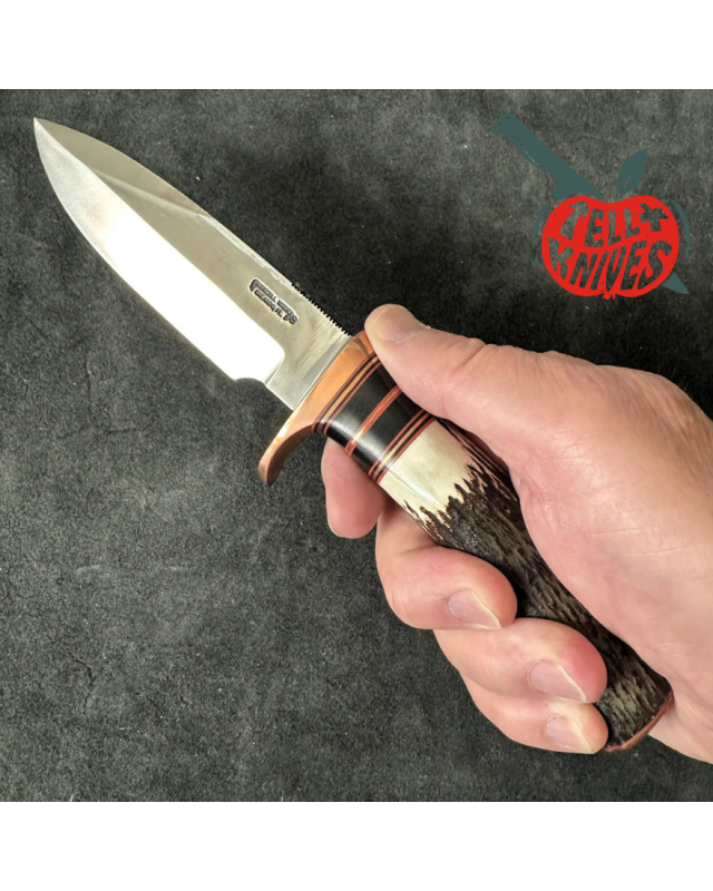 Randall Made Knives Model Copper Companion forged stainless steel blade stag handle copper butt plate brown leather shea Randall Made Knives Model Copper Companion forged stainless steel blade stag handle copper butt plate brown leather shea