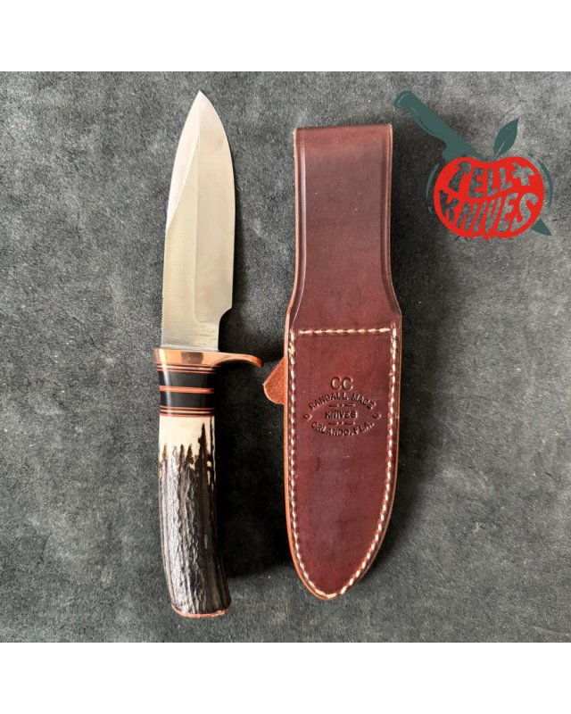 Randall Made Knives Model Copper Companion forged stainless steel blade stag handle copper butt plate brown leather shea Randall Made Knives Model Copper Companion forged stainless steel blade stag handle copper butt plate brown leather shea