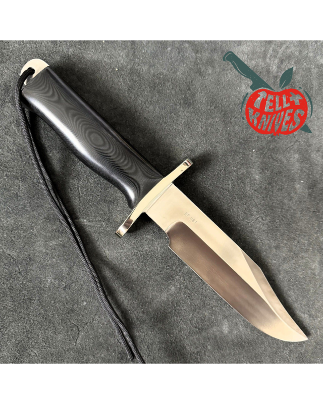 Randall Buxton Fighter Full Tang Stainless steel nickel silver forward curved hilt black micarta handle black leather sh