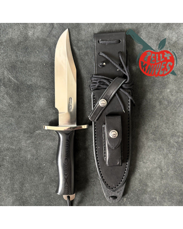 Randall Buxton Fighter Full Tang Stainless steel nickel silver forward curved hilt black micarta handle black leather sh