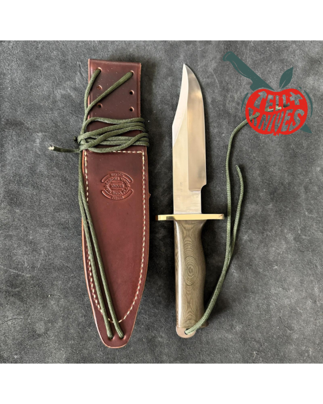 Randall Buxton Fighter Full Tang Stainless steel 14 brass hilt green micarta handle brown leather sheath