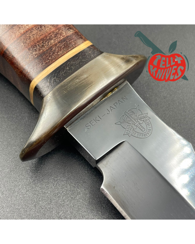 SOG S1 5th Special Forces Group Vietnam - blued SK5 carbon steel blade stacked leather handle black leather sheath with SOG S1 5th Special Forces Group Vietnam - blued SK5 carbon steel blade stacked leather handle black leather sheath with