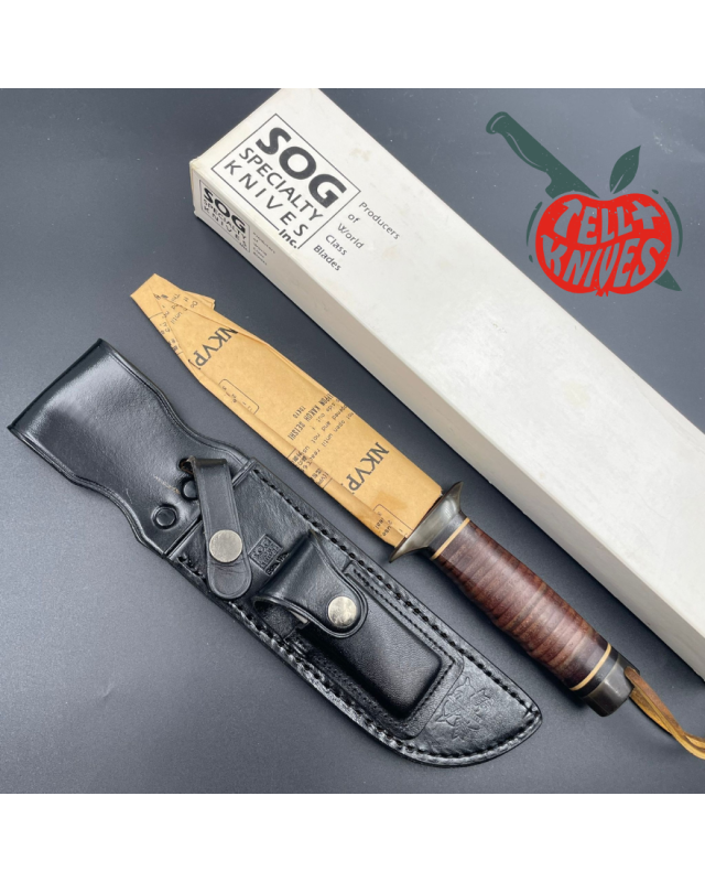 SOG S1 5th Special Forces Group Vietnam - blued SK5 carbon steel blade stacked leather handle black leather sheath with SOG S1 5th Special Forces Group Vietnam - blued SK5 carbon steel blade stacked leather handle black leather sheath with