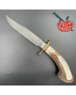 Blackjack Knives Model 1-7 fixed blade knife Damascus blade brass guard crown stag handle brown leather sheath