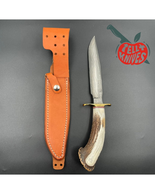 Blackjack Knives Model 1-7 fixed blade knife Damascus blade brass guard crown stag handle brown leather sheath Blackjack Knives Model 1-7 fixed blade knife Damascus blade brass guard crown stag handle brown leather sheath