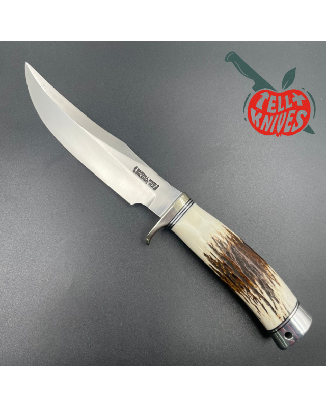 Randall Made Knives Model 12 - 6 Little Bear forged carbon steel stag handle nickel silver guard and pommel brown leathe