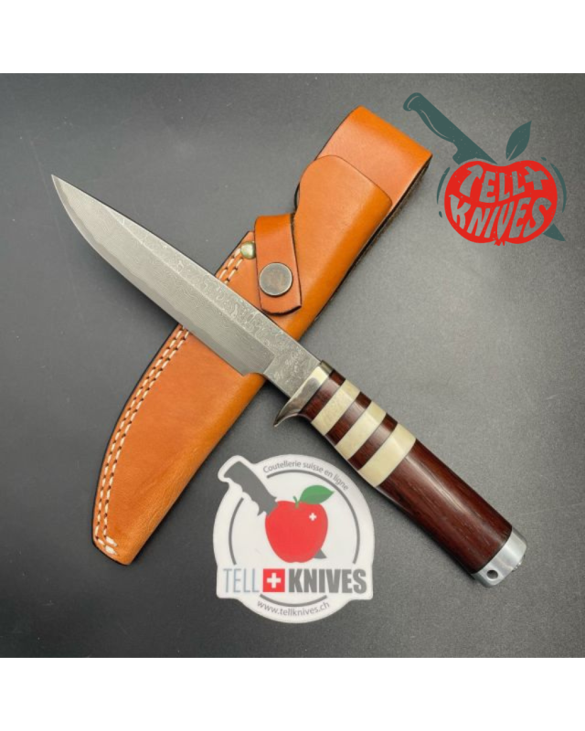 Hattori fixed blade Wild Road Hunter Cowry-X Damascus steel cocobolo and stag handle brown leather sheath Hattori fixed blade Wild Road Hunter Cowry-X Damascus steel cocobolo and stag handle brown leather sheath