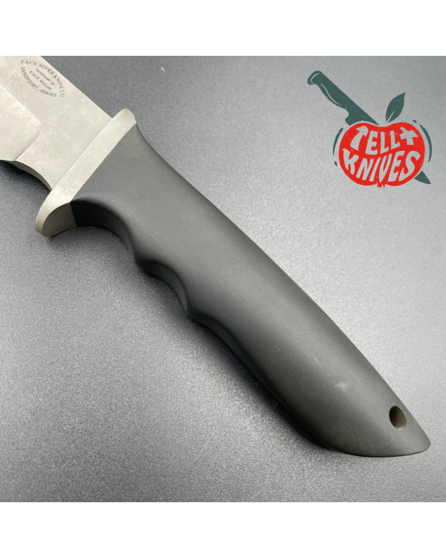 Steve Mullin Pack River Knife Co. Fighter Knife sandblasted finish blade black micarta handle brown leather sheath Steve Mullin Pack River Knife Co. Fighter Knife sandblasted finish blade black micarta handle brown leather sheath