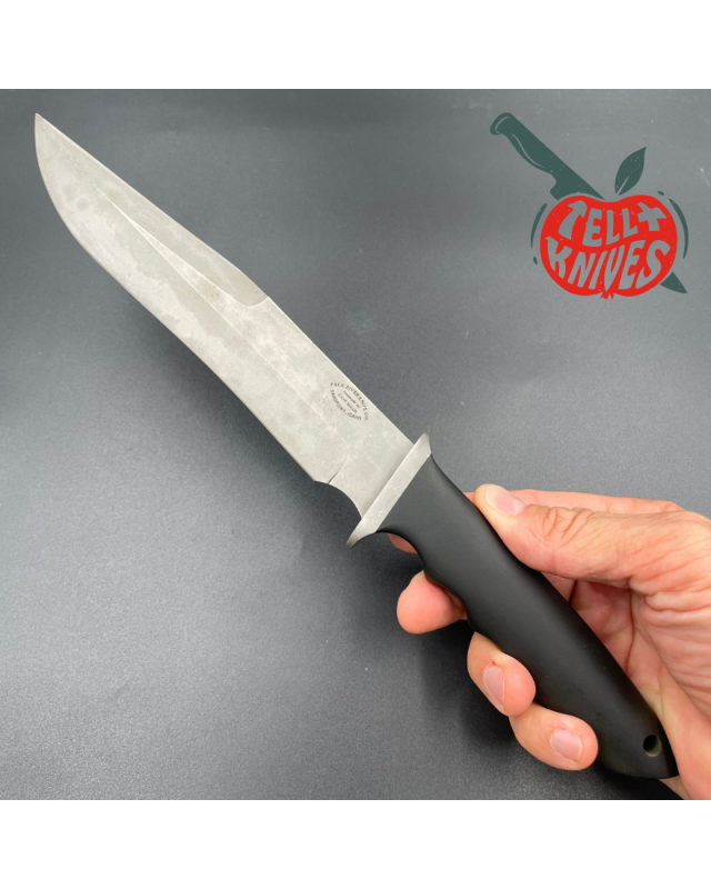 Steve Mullin Pack River Knife Co. Fighter Knife sandblasted finish blade black micarta handle brown leather sheath Steve Mullin Pack River Knife Co. Fighter Knife sandblasted finish blade black micarta handle brown leather sheath