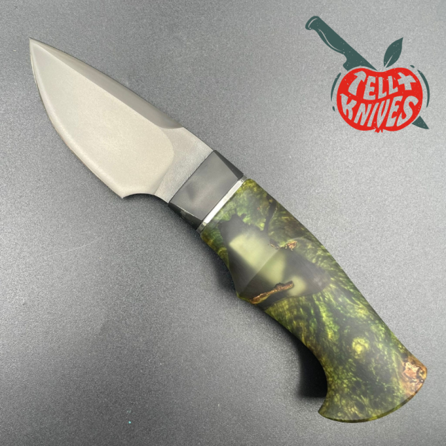 Michal Komorovsky Neck Knife M390 steel black DLC coating stabilized maple wood handle black leather sheath