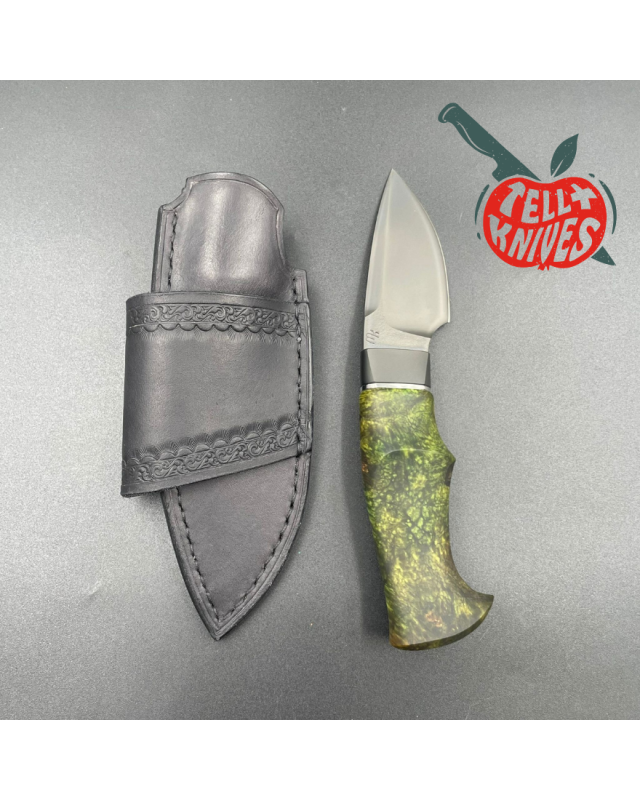 Michal Komorovsky Neck Knife M390 steel black DLC coating stabilized maple wood handle black leather sheath