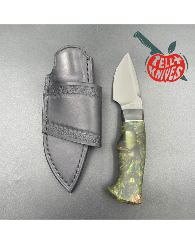 Michal Komorovsky Neck Knife M390 steel black DLC coating stabilized maple wood handle black leather sheath