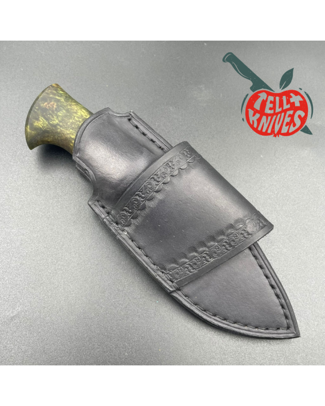 Michal Komorovsky Neck Knife M390 steel black DLC coating stabilized maple wood handle black leather sheath