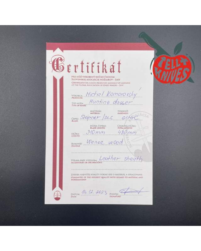 Michal Komorovsky Hunting Dagger Sleipner steel black DLC coating Wenge wood handle black leather sheath