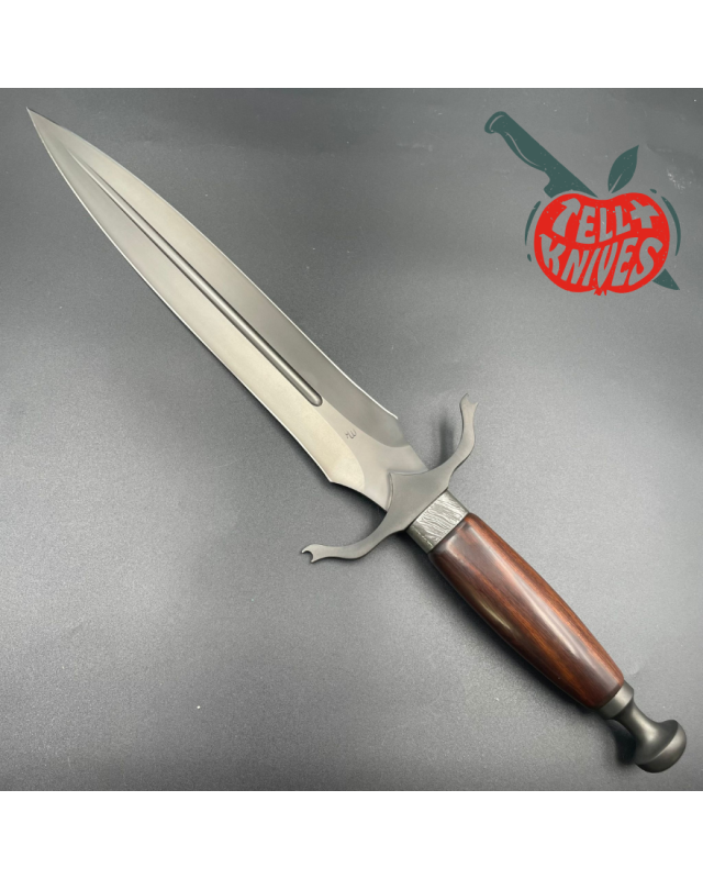 Michal Komorovsky Hunting Dagger Sleipner steel black DLC coating Arizona Ironwood handle brown leather sheath